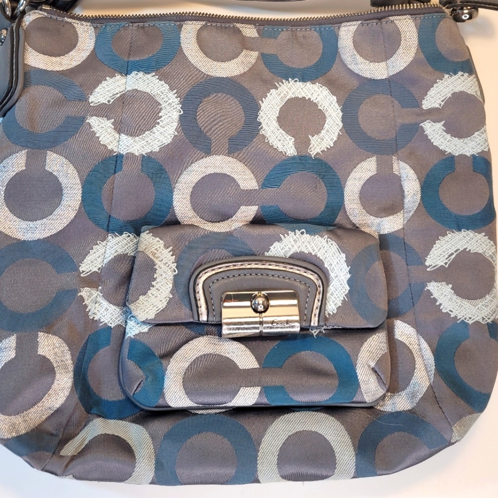 Gorgeous Coach Kristin Sateen Bag Hobo Bag Signature Pattern Blue Grey Leather
